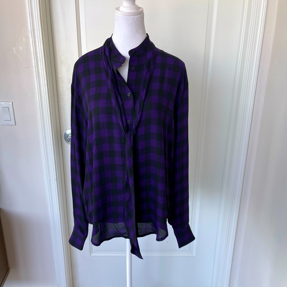 Lauren Ralph Lauren Womens Ruffled Georgette Shirt Purple Multi Color Size Large